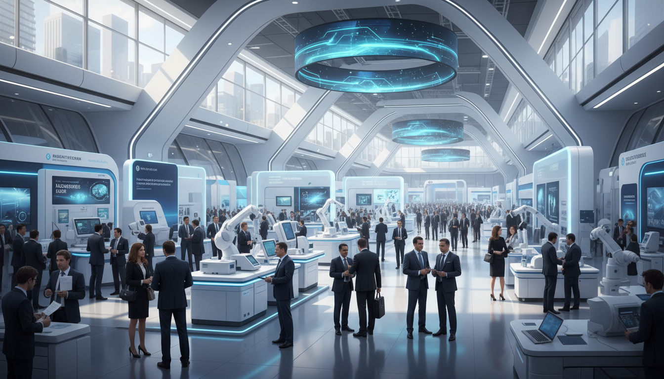 A large, modern exhibition hall in Dubai showcasing medical laboratory technology, with professionals networking.