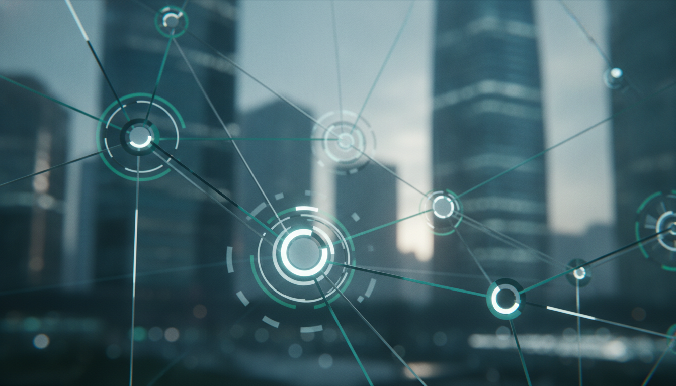 Abstract representation of global pharmaceutical networking and supply chains with a modern city background.