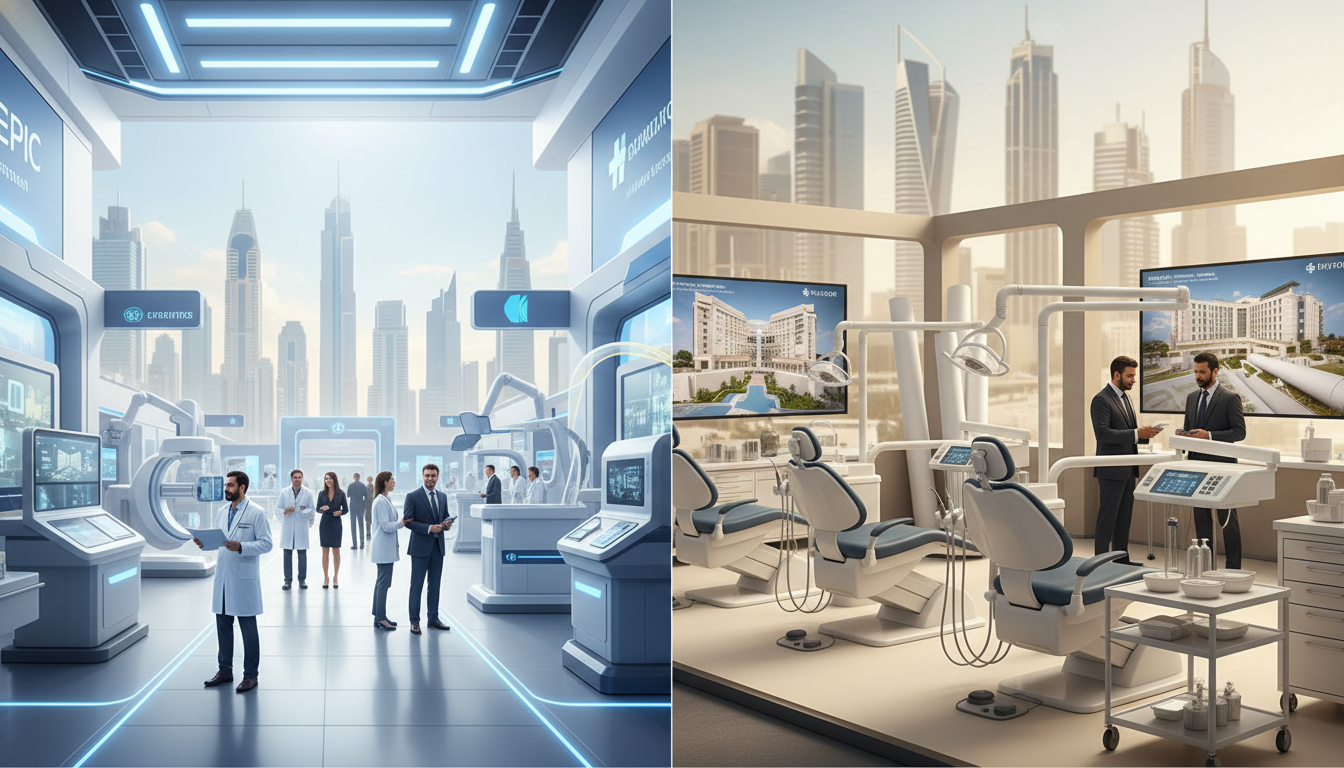 Comparative visual showing broad healthcare and lab technology in Dubai on one side, and dental solutions and hospital infrastructure in Saudi Arabia on the other.