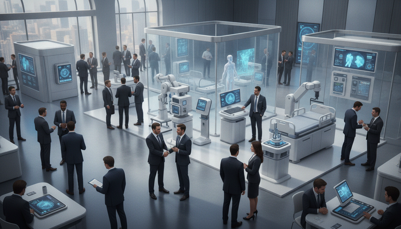 Professionals networking amidst advanced medical technology at a large Middle Eastern healthcare exhibition.