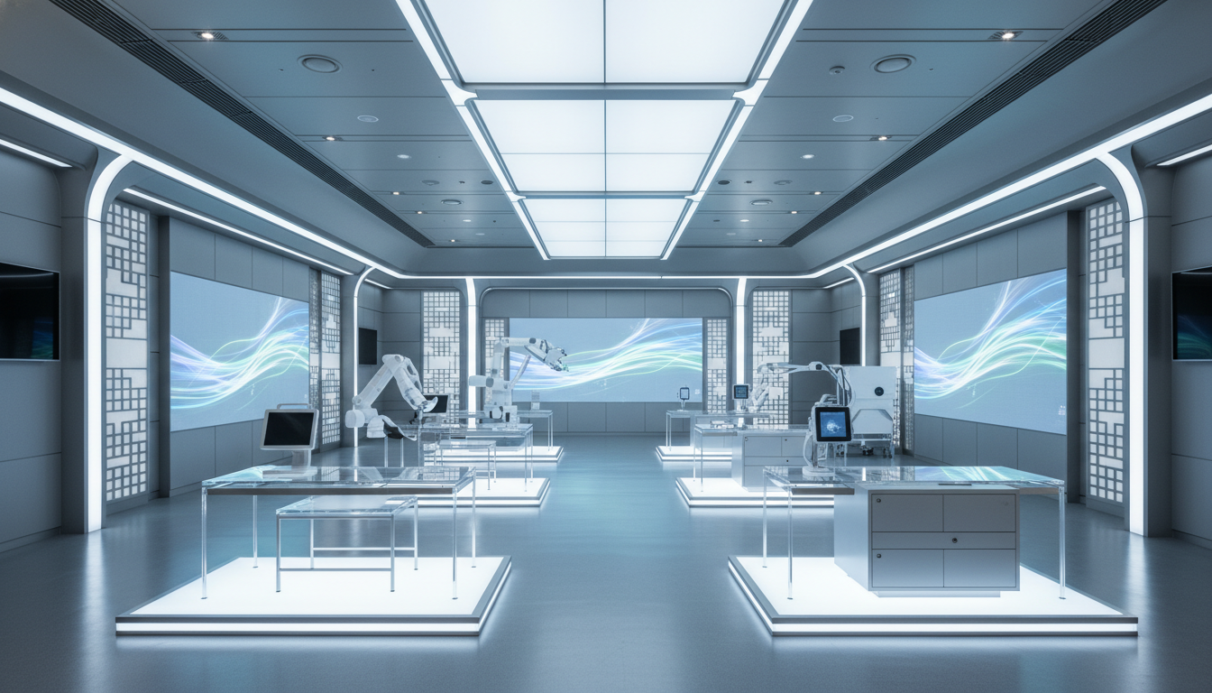 A modern exhibition hall showcasing advanced medical technology in South Korea.