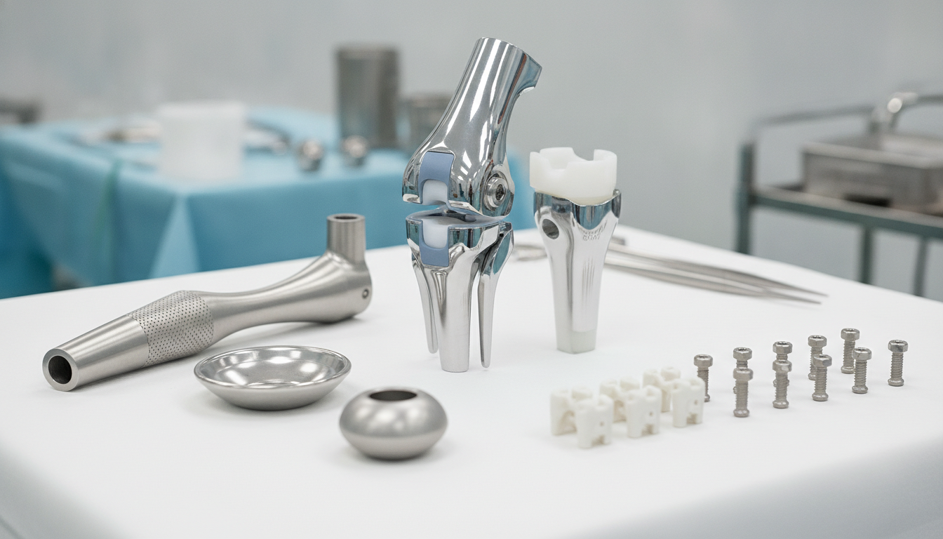 A detailed display of diverse orthopedic implants, including knee, hip, and spinal components.