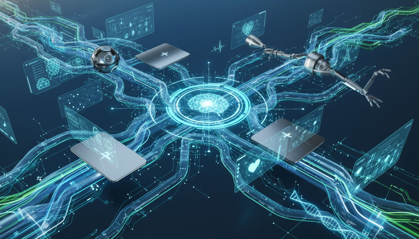 Abstract visualization of digital health data and interconnected smart medical devices.