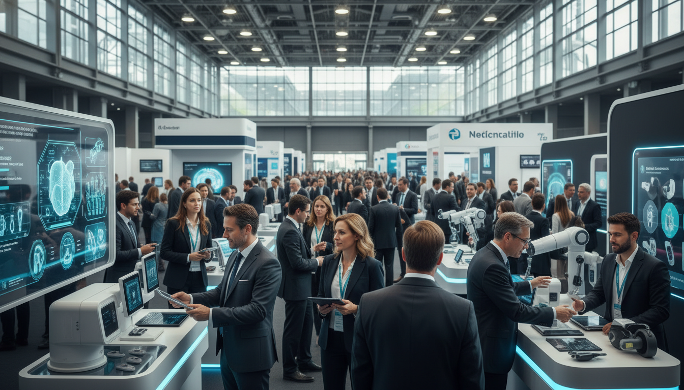 Professionals networking amidst modern medical technology at a bustling Latin American trade fair.