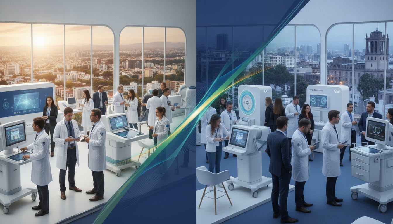 Conceptual visual linking major medical exhibitions in Brazil and Mexico, showcasing cross-market collaboration.