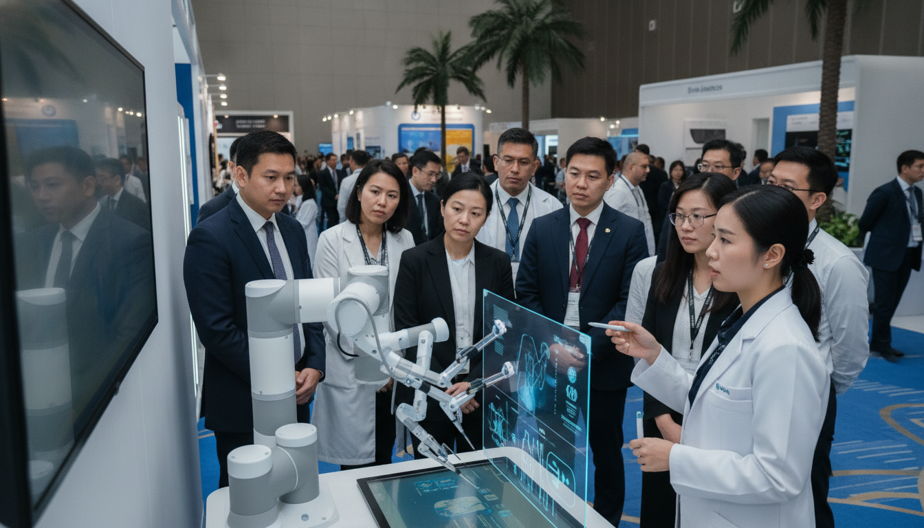 Medical professionals observing a demonstration of advanced technology at a Southeast Asian exhibition.