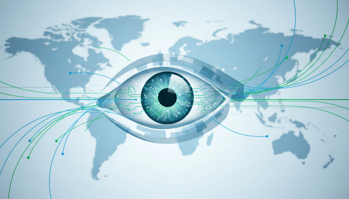 A stylized eye with digital patterns and global connections, representing the expanding ophthalmic device market.