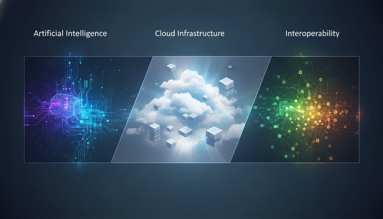 Visual representation of key healthcare IT trends: AI, cloud infrastructure, and interoperability.