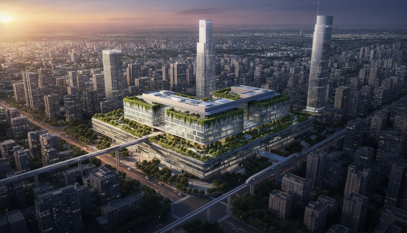 Modern, sustainable hospital building in an Asian city skyline, symbolizing healthcare infrastructure innovation.