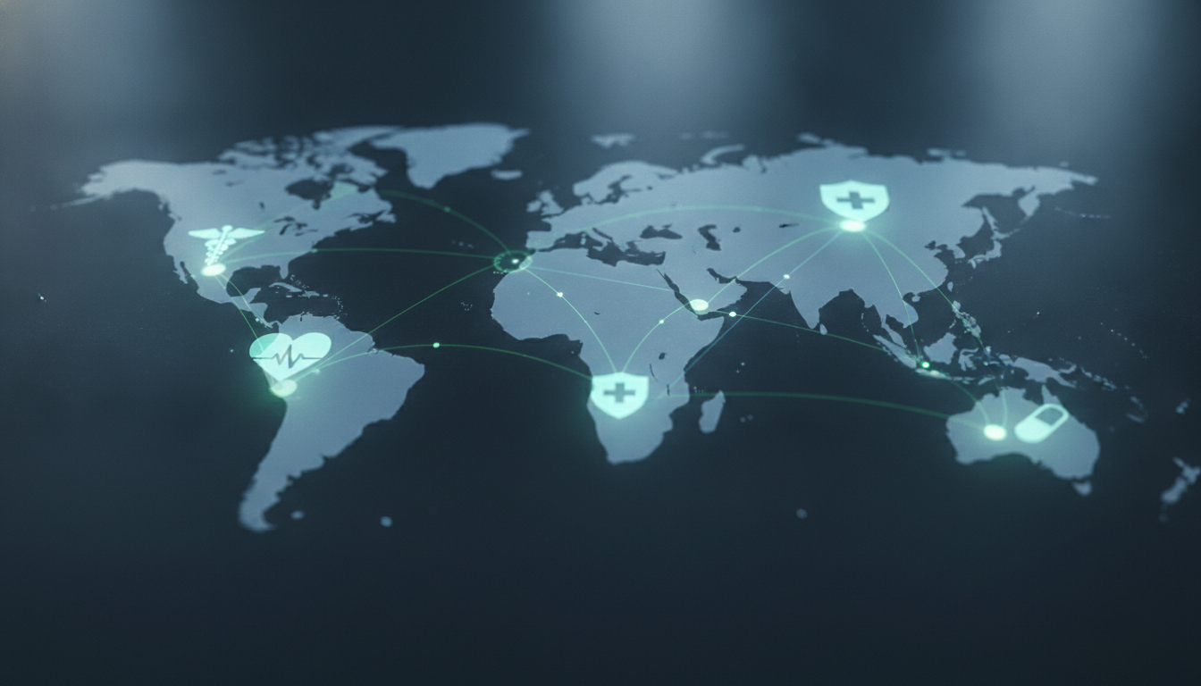 Abstract visualization of global healthcare data connectivity and digital transformation.