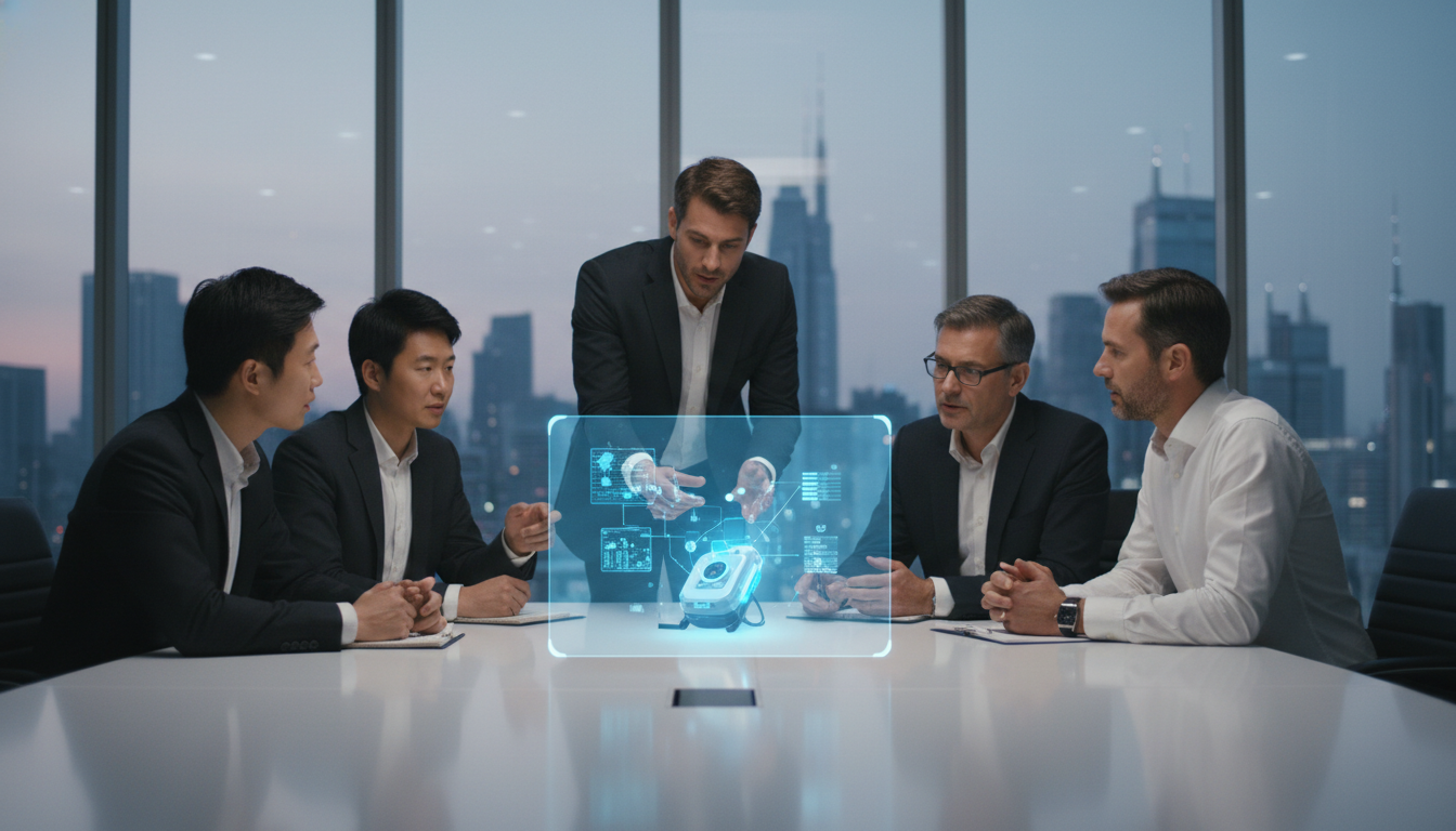 Diverse international professionals collaborating on healthcare technology solutions.