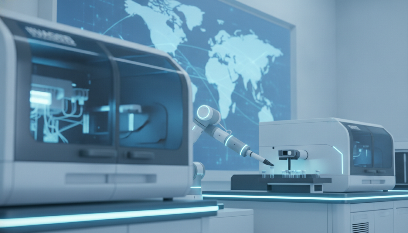 Modern laboratory with automated diagnostic equipment and a global network projection, symbolizing innovation and worldwide reach.