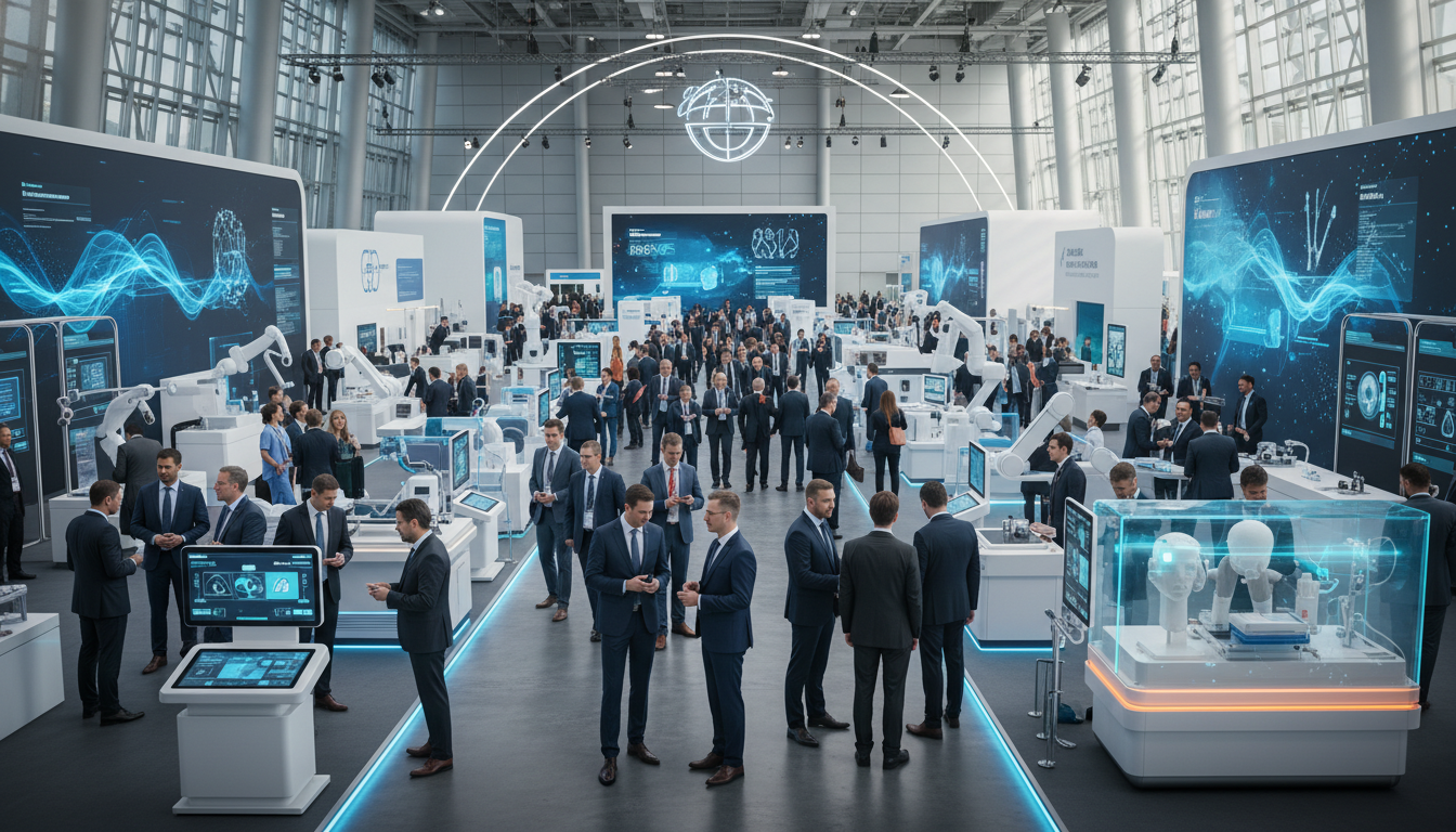 Professionals networking and exploring advanced medical technology at a global healthcare exhibition.