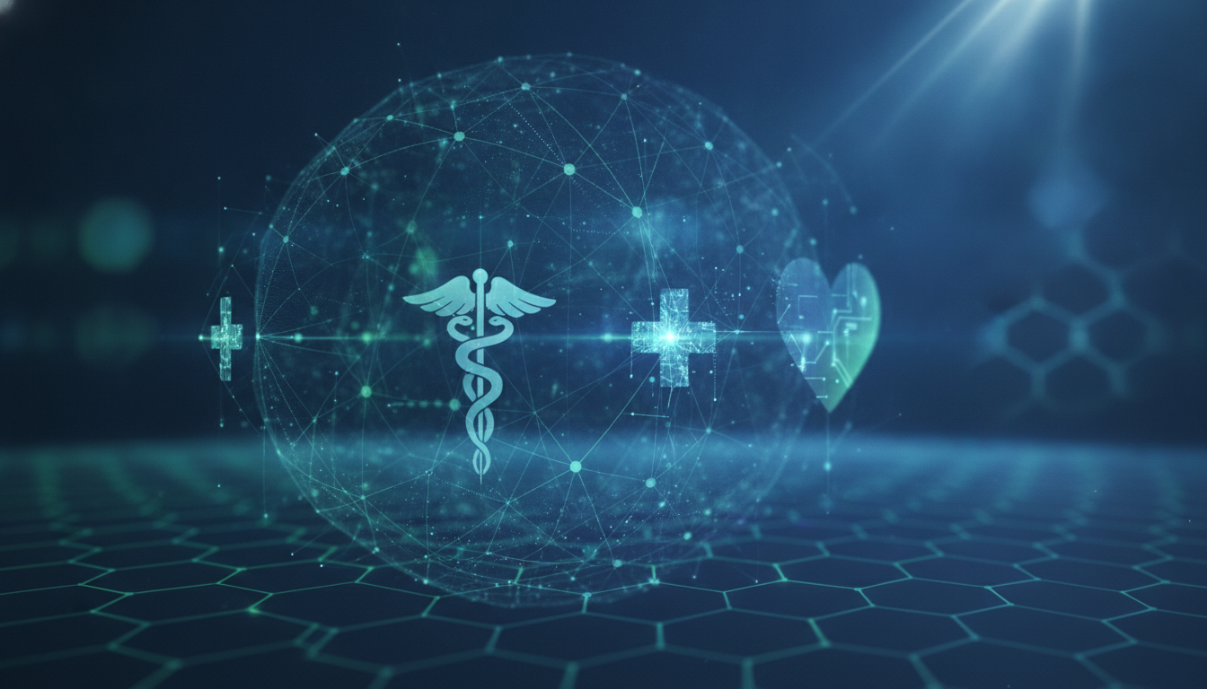 Abstract visual symbolizing digital health innovation and global technology integration.