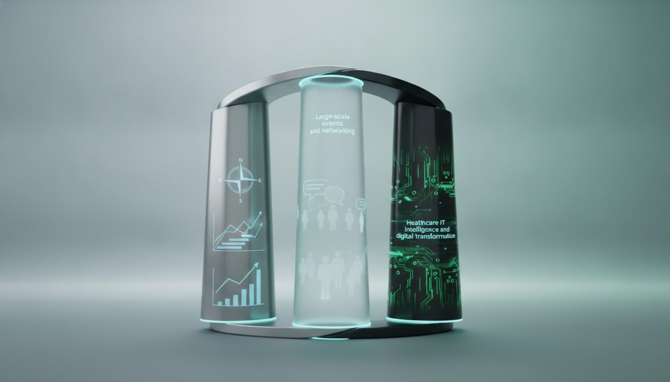 Conceptual illustration showing three interconnected pillars representing healthcare events, market research, and IT intelligence.