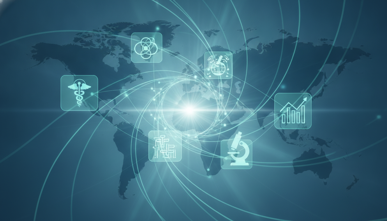 Abstract illustration representing medical exhibition connections and health technology in the Americas.