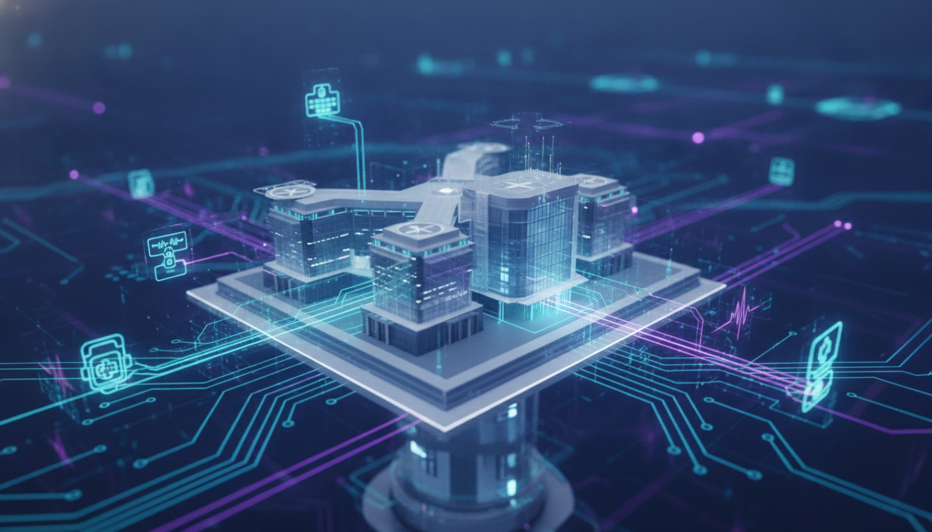 Architectural plan of a hospital facility with integrated digital health networks and medical technology concepts.