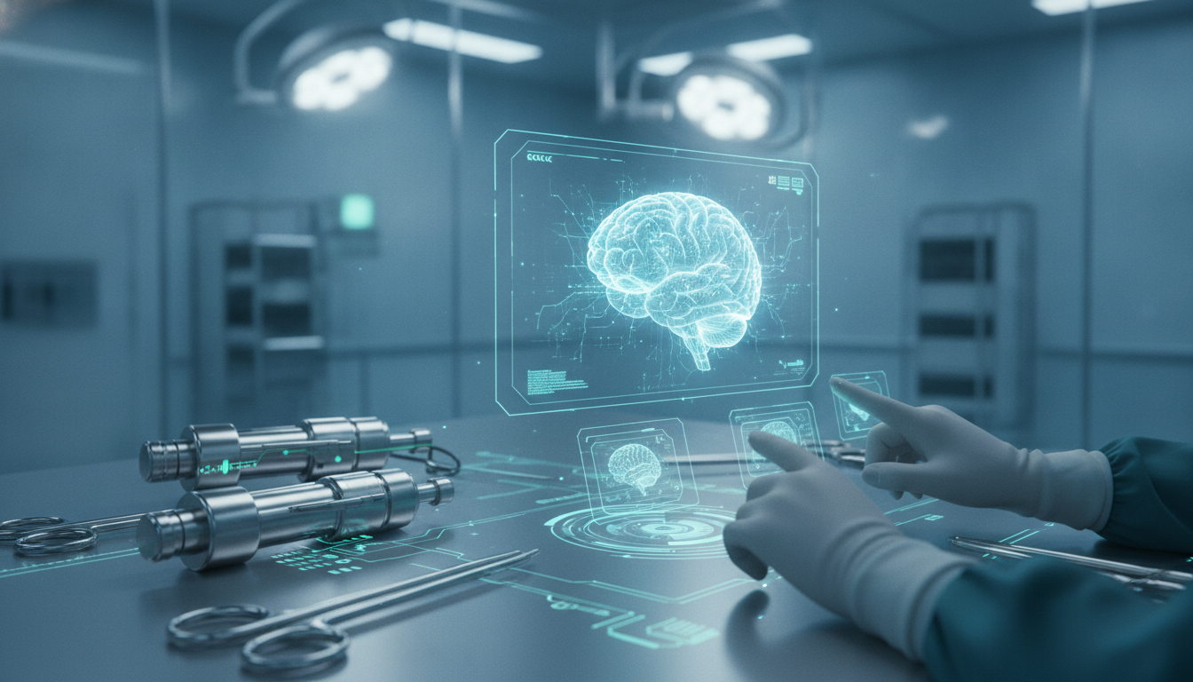 A futuristic representation of advanced neurosurgical technology with glowing data elements and a modern medical environment.