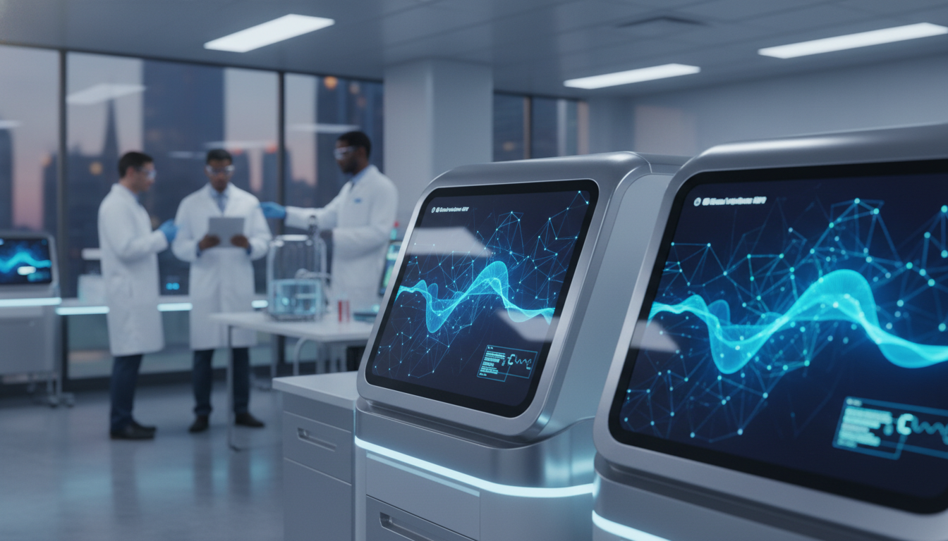 Modern laboratory with advanced diagnostic equipment and scientists.