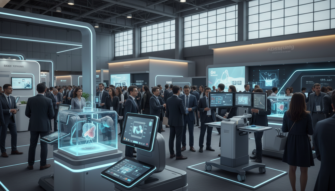 A modern medical technology exhibition hall with advanced diagnostic equipment and professional attendees.