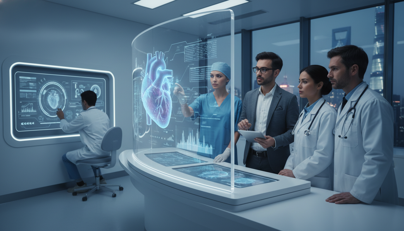 Medical professionals collaborating with a 3D anatomical model and diagnostic data.