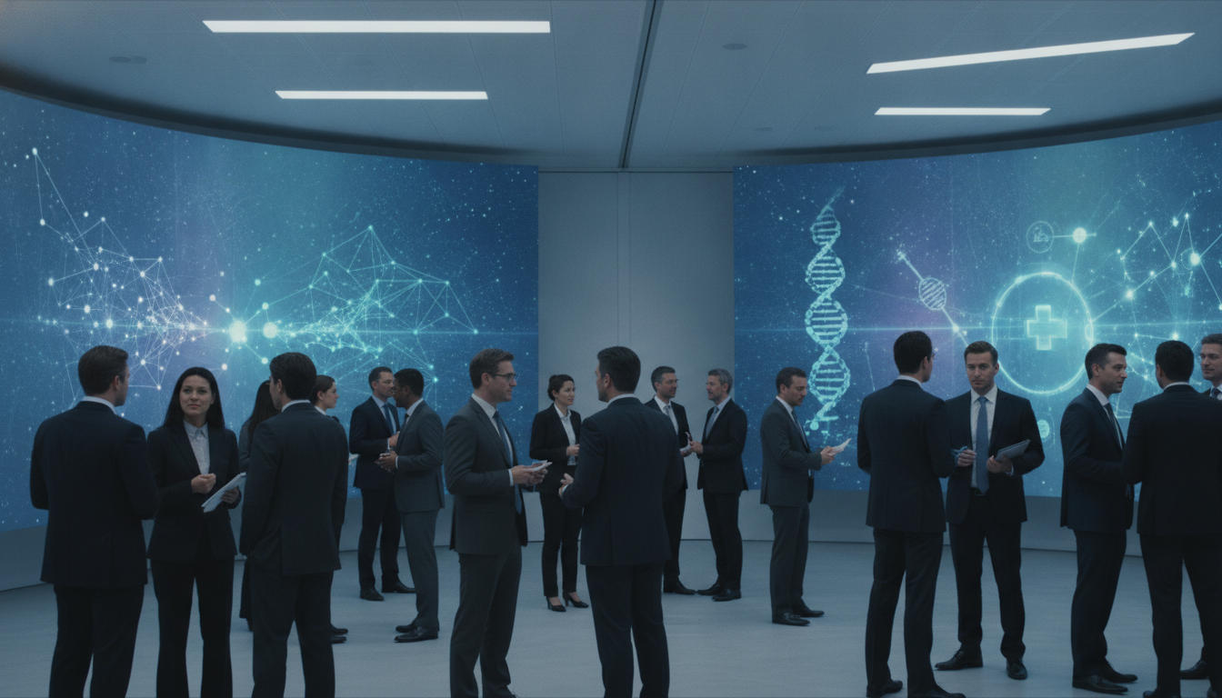Professionals networking at a modern digital health conference.