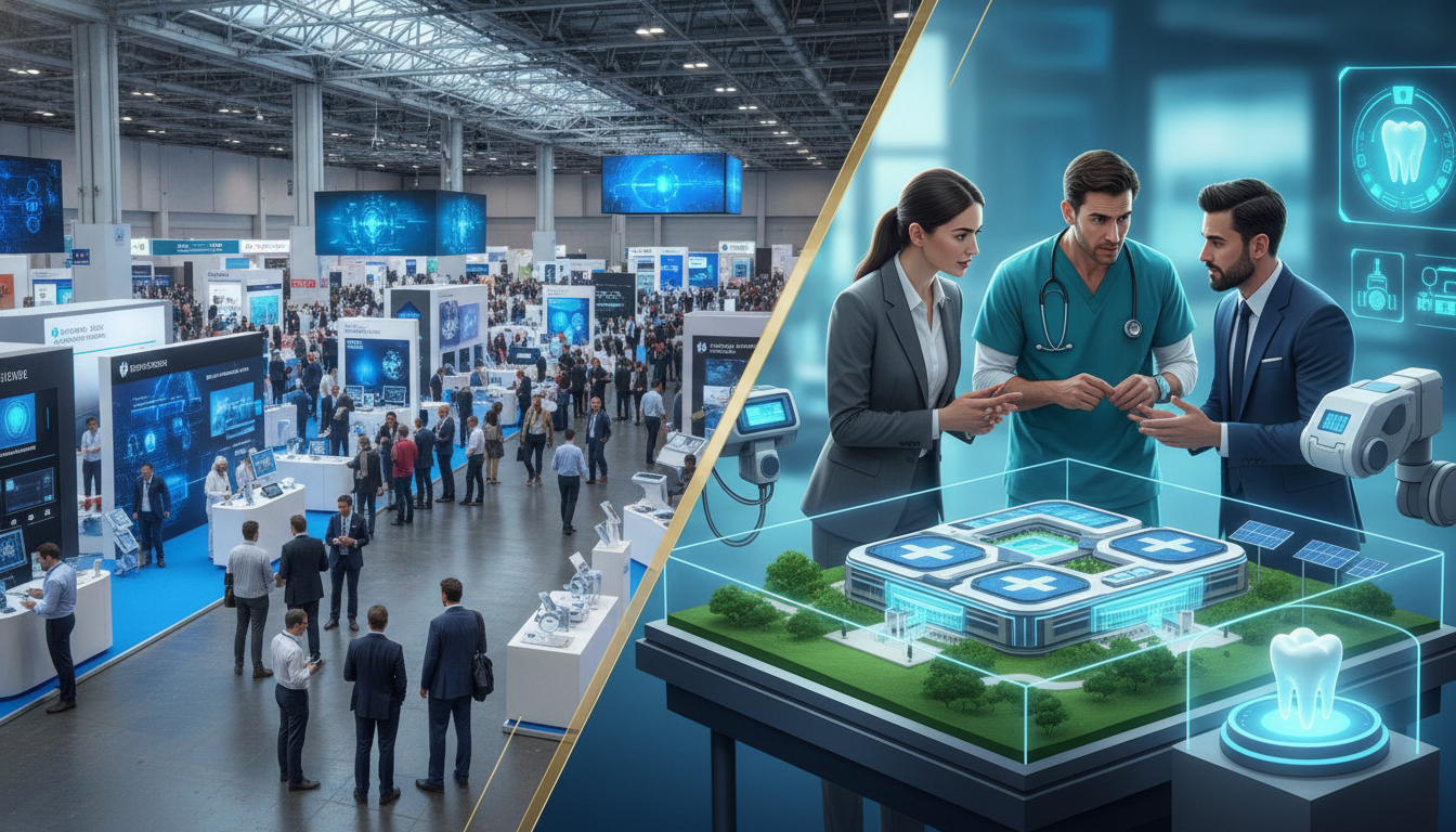 A visual contrast between a large general medical exhibition and a specialized healthcare technology display in the Middle East.