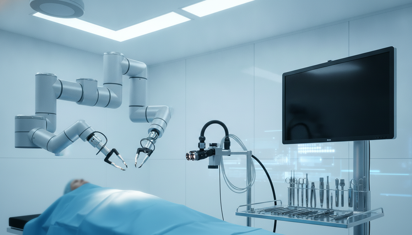 Modern surgical tools and robotic systems in an operating room, representing advanced medical device technology.