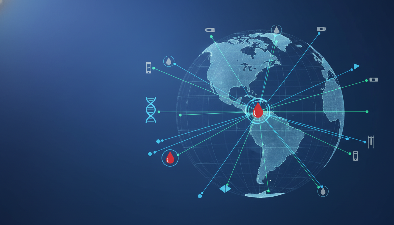 Abstract visualization of global in vitro diagnostics market growth and interconnected technologies.