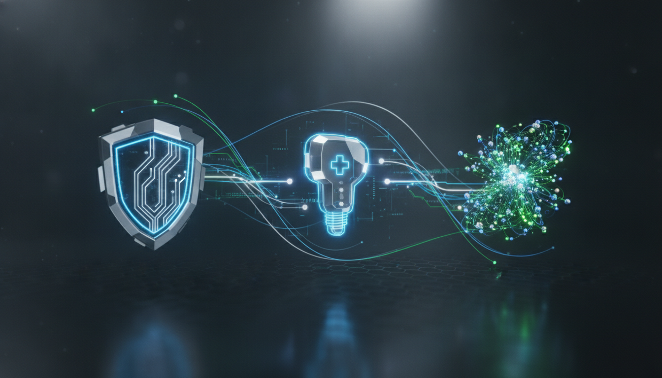Abstract visualization of medical technology, AI, and regulatory compliance.