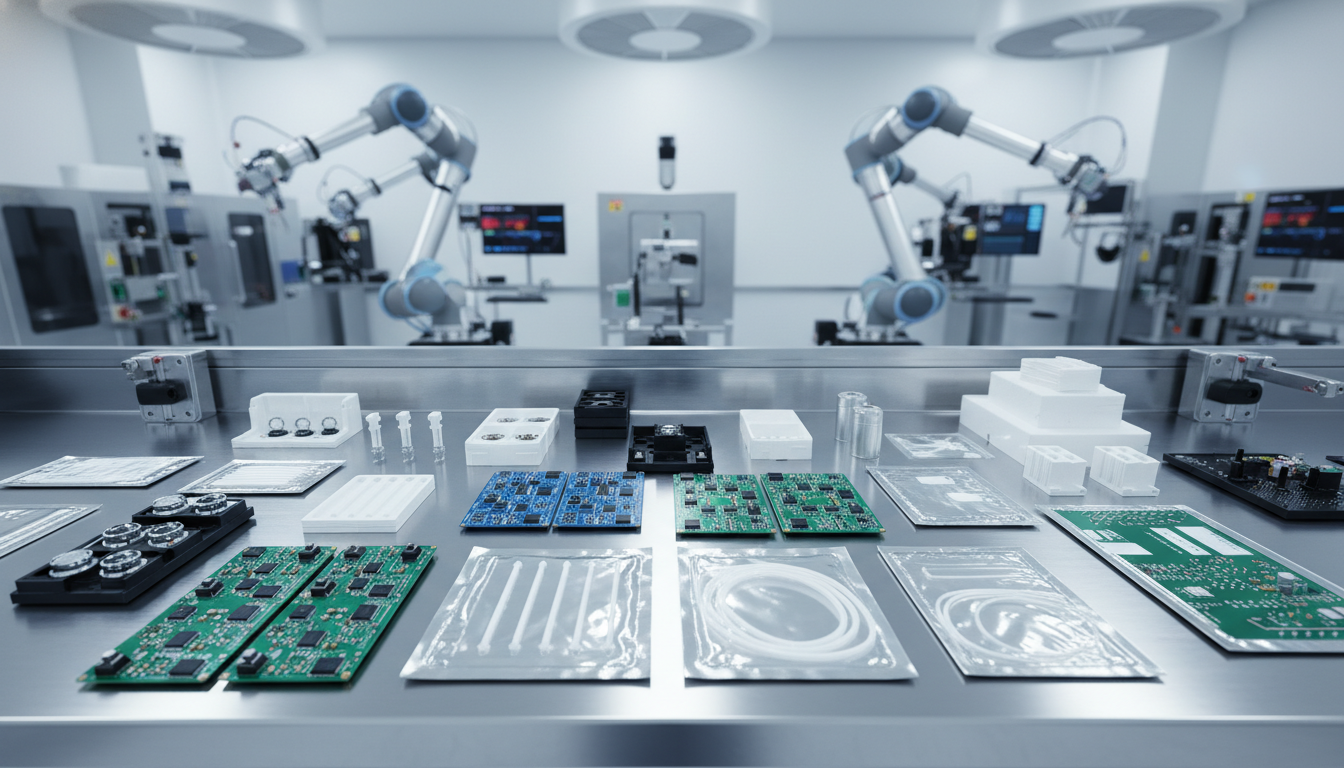 Diverse medical device components and advanced manufacturing equipment in a cleanroom, representing industry innovation.