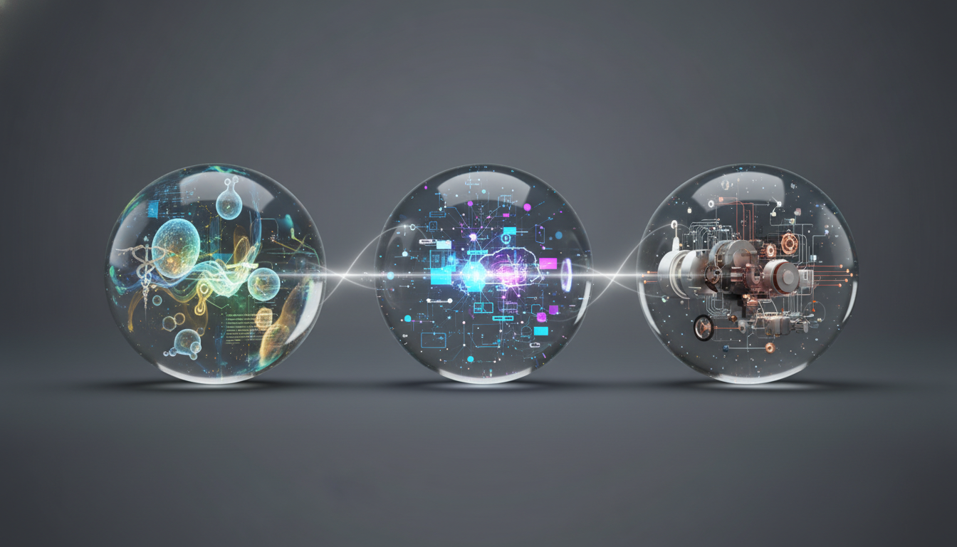 Three abstract visual representations illustrating diverse healthcare, health information technology, and health technology management.