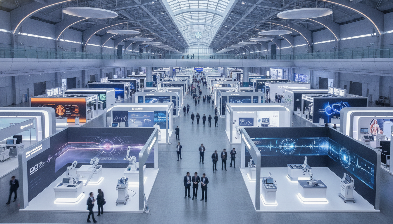 A bustling, modern medical exhibition hall in China showcasing various advanced technologies.