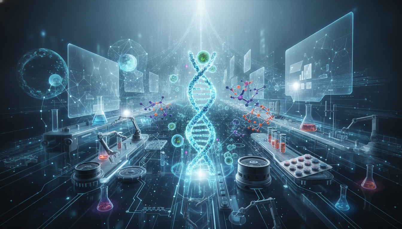 Integrated visual showing various elements of the pharmaceutical supply chain, including biotech, lab equipment, and data flow.