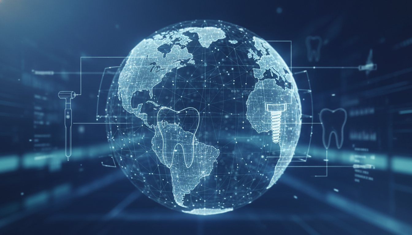 Abstract representation of global dental technology and innovation.