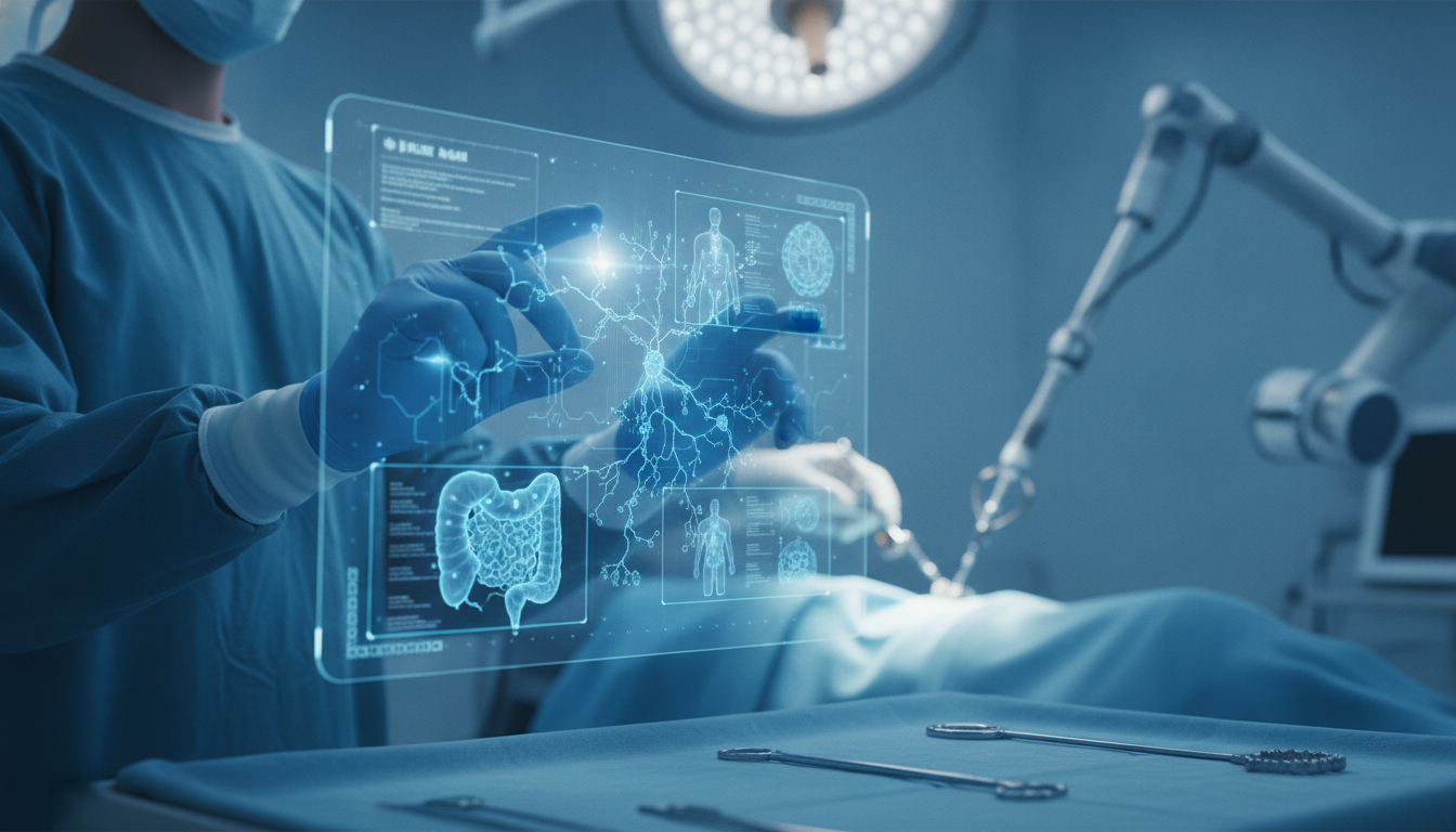 A surgeon's hands interacting with a futuristic display, demonstrating advanced surgical technology and data integration.
