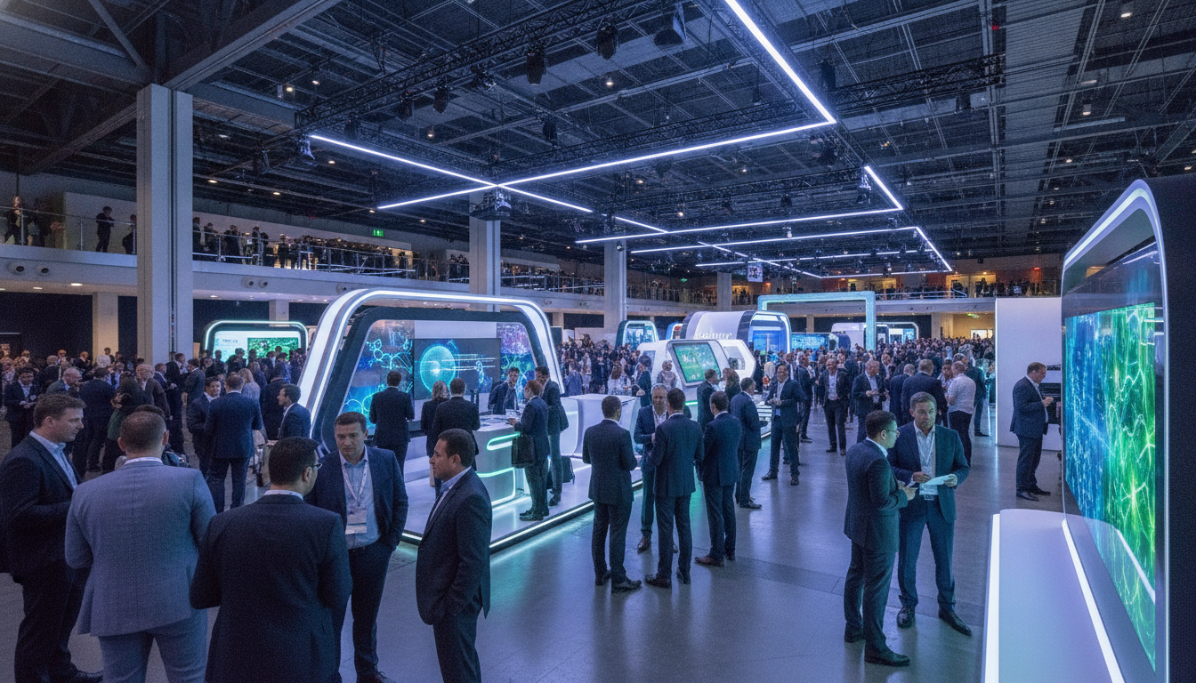 Professionals networking and exploring exhibits at a large biotechnology convention.