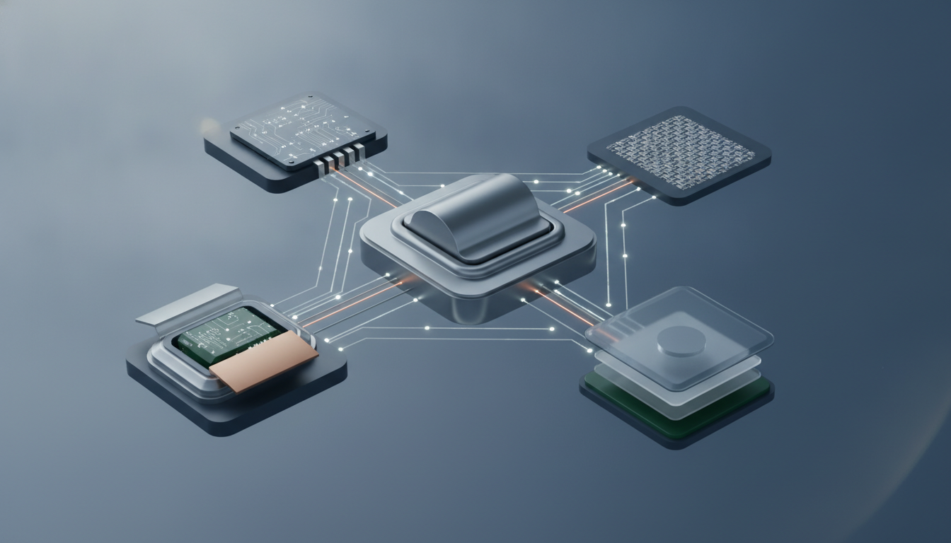 Abstract representation of diverse medical technology components and supply chain integration.