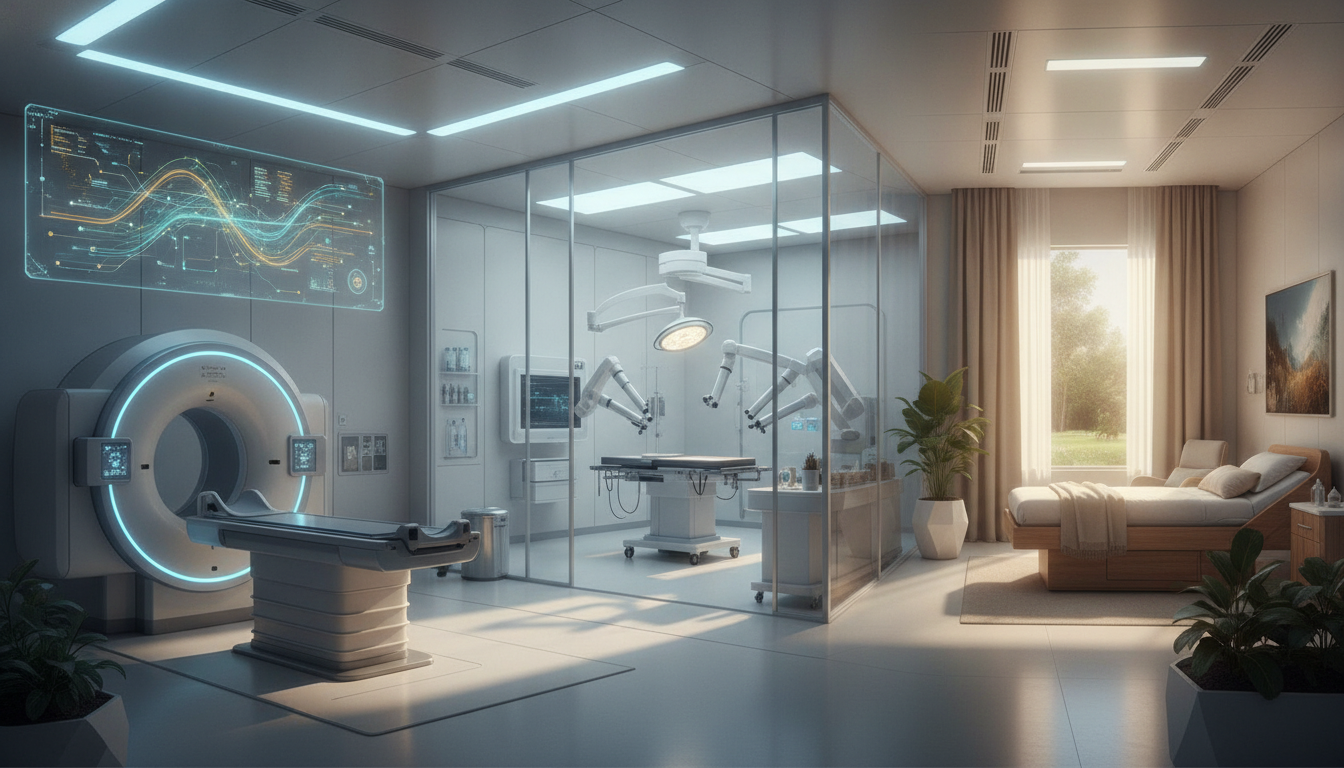 Interior of a smart hospital showcasing integrated medical technology and patient-focused design.
