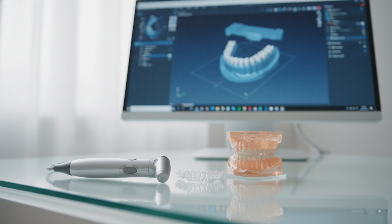 Modern digital dentistry tools including an intraoral scanner, clear aligners, and CAD/CAM software.