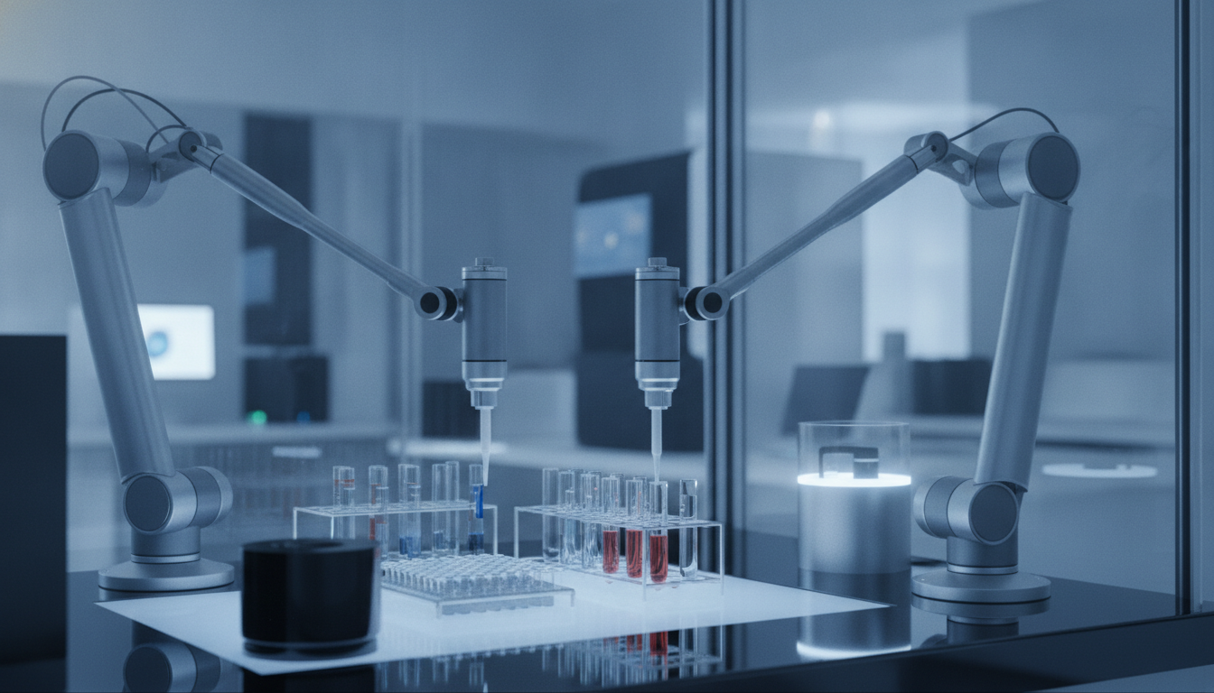 Automated robotic system processing samples in a modern diagnostic laboratory.