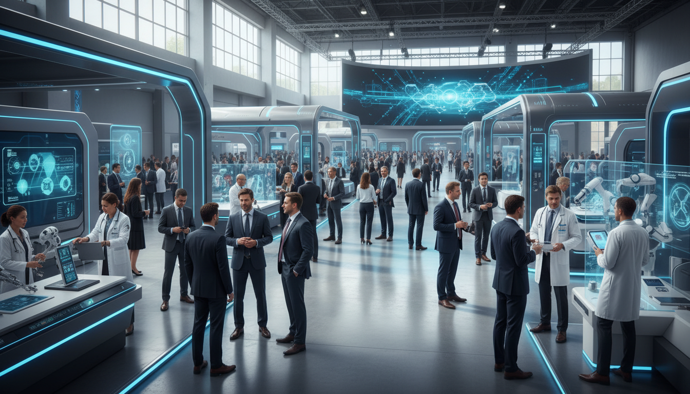 Professionals networking at a global medical technology exhibition.