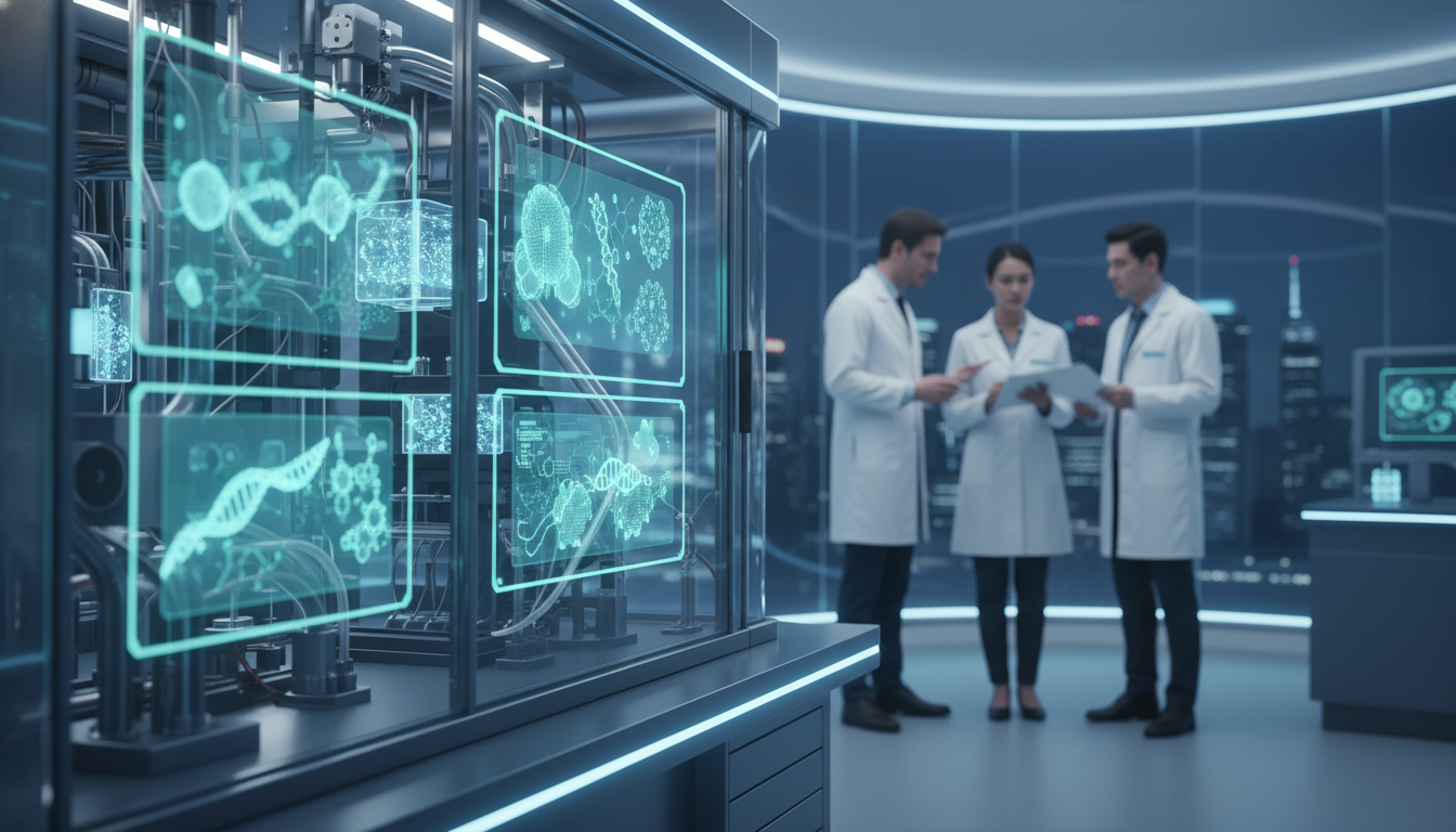 Advanced diagnostic equipment with glowing interfaces in a futuristic medical laboratory, hinting at precision health.