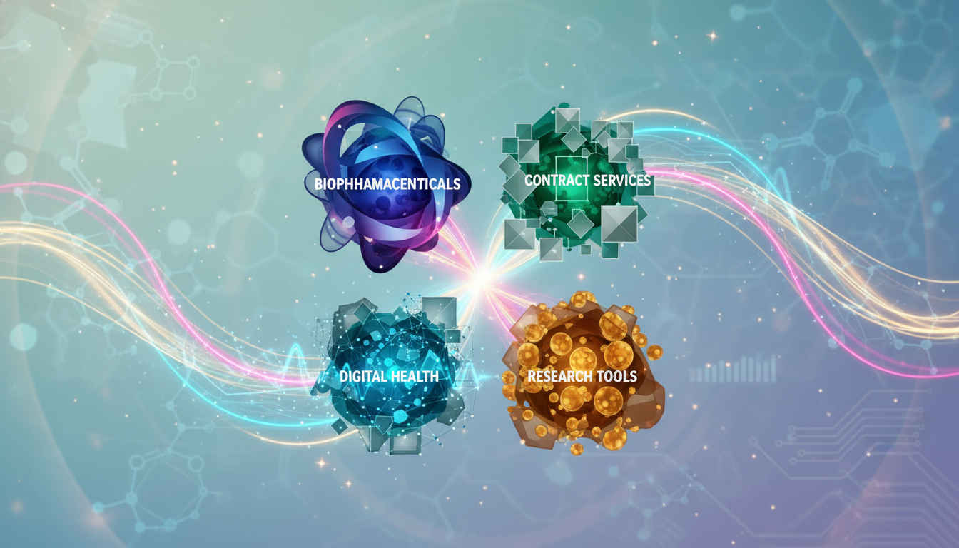 Abstract graphic illustrating the interconnectedness of biopharmaceutical, contract services, digital health, and research tool sectors in biotechnology.