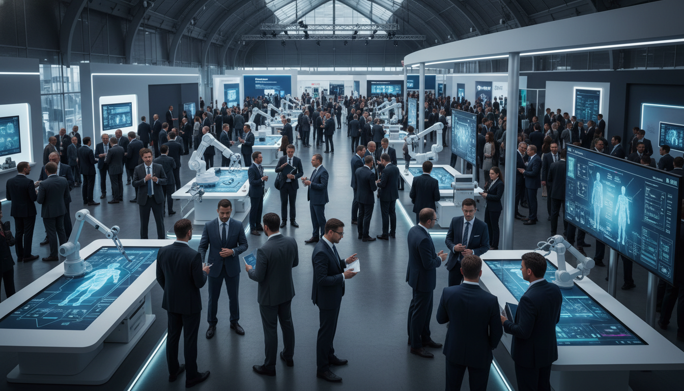 Professionals networking and exploring advanced medical technology at a large exhibition.