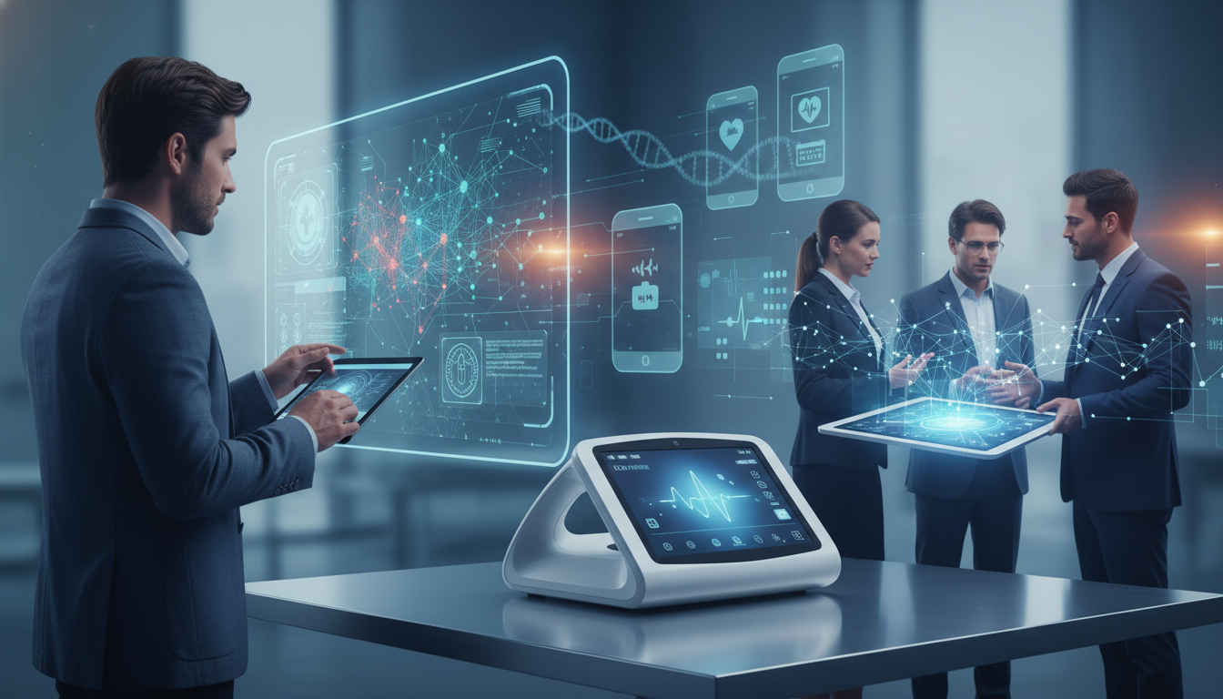 Diverse digital health technologies and professionals collaborating in an exhibition setting.