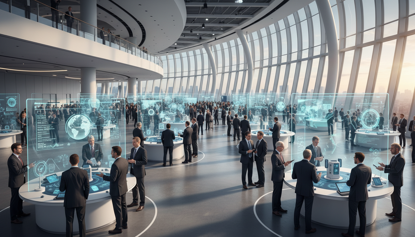 Diverse healthcare professionals networking and exploring futuristic medical technology at a global exhibition.