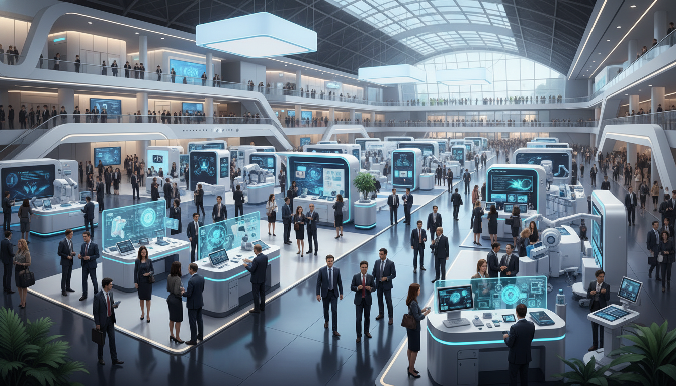Professionals exploring advanced medical equipment at a large international fair.
