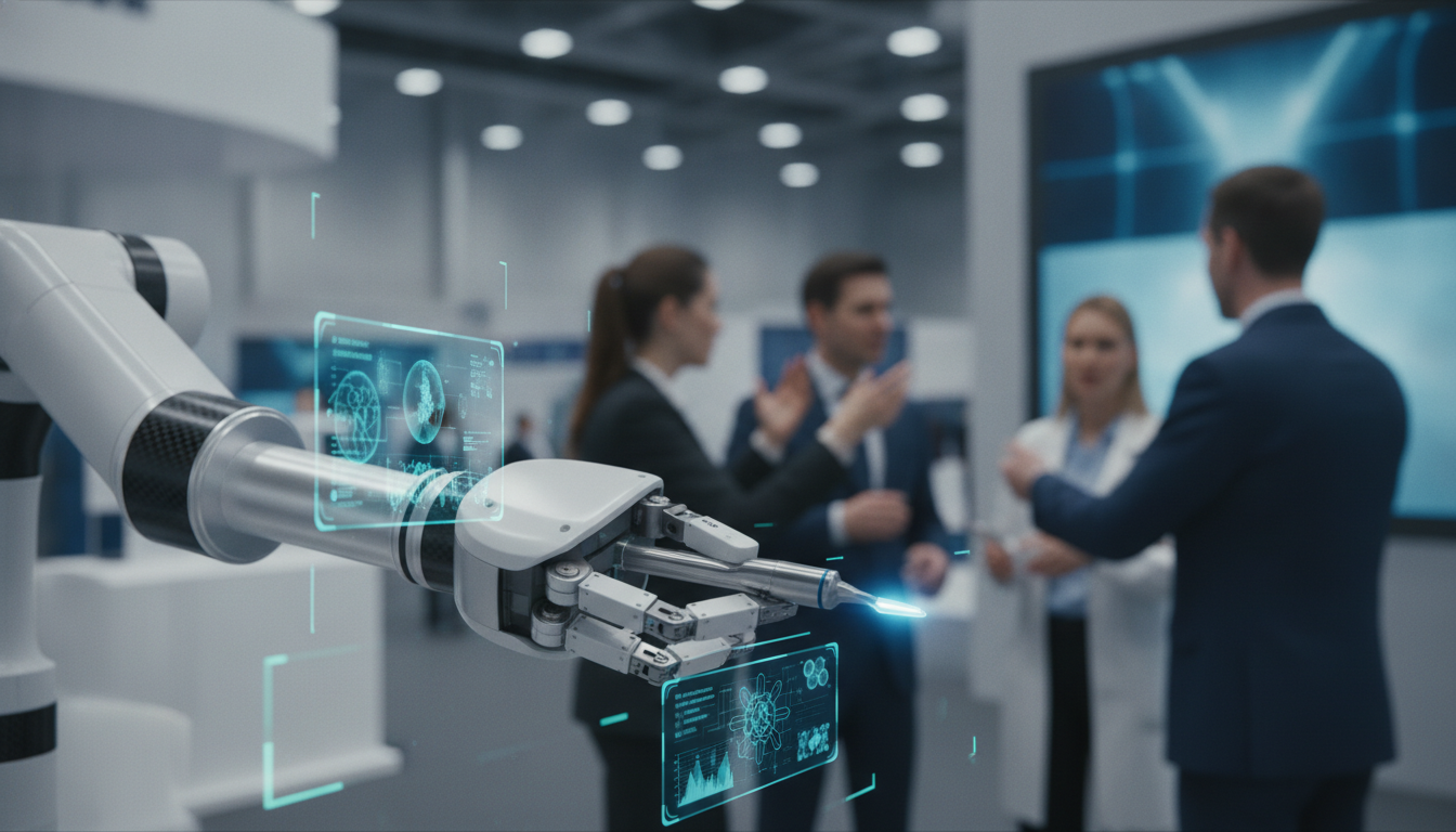 Advanced medical technology and healthcare professionals interacting at a dynamic exhibition.