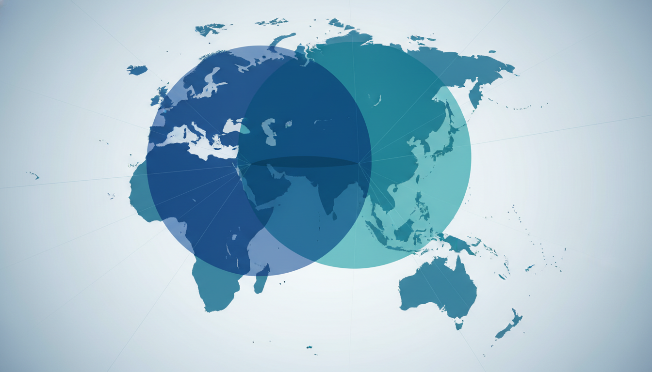 Stylized illustration showing two major medical exhibition organizers' interconnected market reach across Asia.
